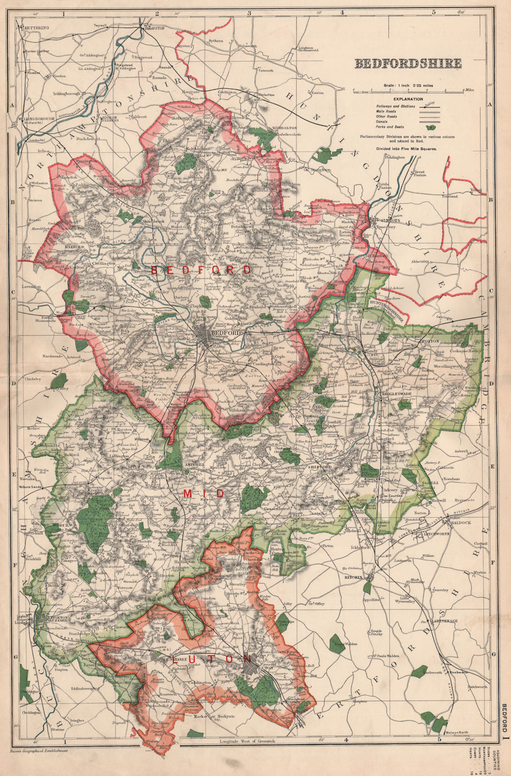 BEDFORDSHIRE. Showing Parliamentary divisions, boroughs & parks. BACON 1936 map